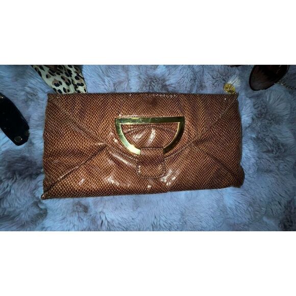 Big Buddha Faux Snakeskin Brown Clutch Oversized Gold Ornament/buckle, Purse - Picture 2 of 14